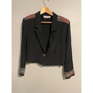 Vintage Womens Blazer Medium Black Floral Tapestry Trim Cropped Artsy Career 80s